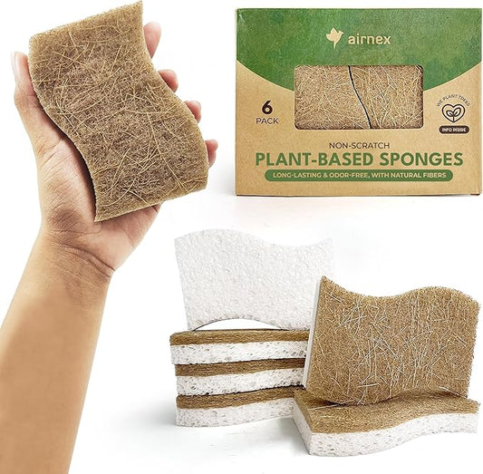 AIRNEX Natural Kitchen Sponges (6 Pack) - Biodegradable Cellulose & Coconut Scrubber Dish Sponges for Kitchen - Eco-Friendly, Non Scratch, Compostable, Non Toxic S-Shaped Natural Sponges for Dishes by Airnex