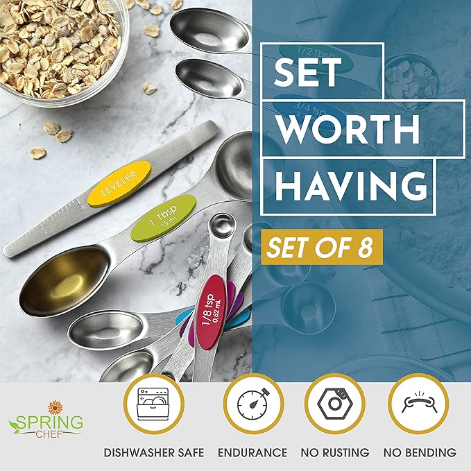 Spring Chef Stainless Steel Magnetic Measuring Spoons Set with Strong Magnets, Heavy Duty Metal Kitchen Essentials - Fits in Most Kitchen Spice Jars, Multicolor, Set of 8 with Leveler - Image 2
