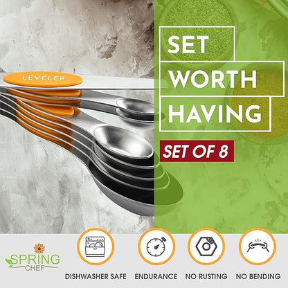 Spring Chef Stainless Steel Magnetic Measuring Spoons Set of 8 with Leveler, Dual Sided Metal Teaspoon & Tablespoon Measuring Spoons, Kitchen Gadgets for Baking & Cooking, Fits in Spice Jars - Mango - Image 3
