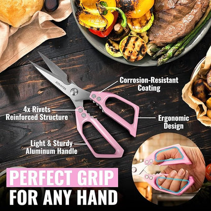 5-in-1 Multifunctional Heavy-Duty Korean Kitchen Scissors with Tweezer, Pink All Purpose Kitchen Shears with Stainless Steel Blades, Dishwasher Safe Bone Cutting scissors for Meat, Vegetables