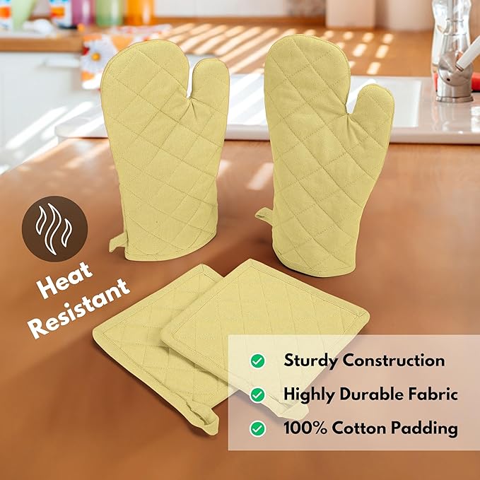 Native Fab 4 Piece Set - 2 Oven Mitts & 2 Potholders, Heat Resistant, 100% Cotton, Quilted Design, Non-Slip Grip, Machine Washable, Ideal for Baking, Cooking, BBQ, Kitchen Protection - Pale Yellow - Image 4