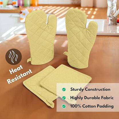 Native Fab 4 Piece Set - 2 Oven Mitts & 2 Potholders, Heat Resistant, 100% Cotton, Quilted Design, Non-Slip Grip, Machine Washable, Ideal for Baking, Cooking, BBQ, Kitchen Protection - Pale Yellow - Image 4