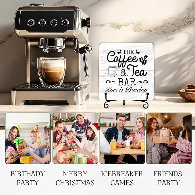 Coffee Bar Sign, Love is Brewing Farmhouse Tabletop Decor, Coffee and Tea Lover Gifts, 5x5 Wood Plaque with Iron Stand for Home Kitchen Cafe, Coffee Bar Decor – L09 - Image 5