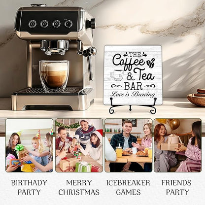 Coffee Bar Sign, Love is Brewing Farmhouse Tabletop Decor, Coffee and Tea Lover Gifts, 5x5 Wood Plaque with Iron Stand for Home Kitchen Cafe, Coffee Bar Decor – L09 - Image 5