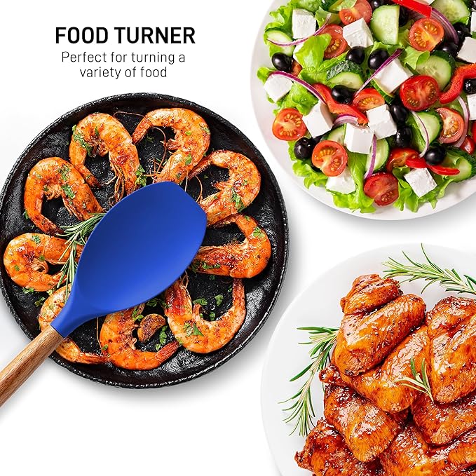 Zulay Kitchen Non-Stick Silicone Cooking Utensils Set with Acacia Wood Handles - 5 Piece Set - Heat Resistant to 464F - Dark Blue - Image 6
