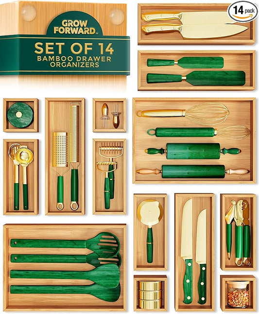 Grow Forward Bamboo Drawer Organizer Boxes - Set of 14 Wooden Drawer Organizers for Kitchen, Bathroom, Office, Desk, Vanity, Makeup - Non-Slip Junk Drawer Organizer Trays for Storage and Organization by GrowForward