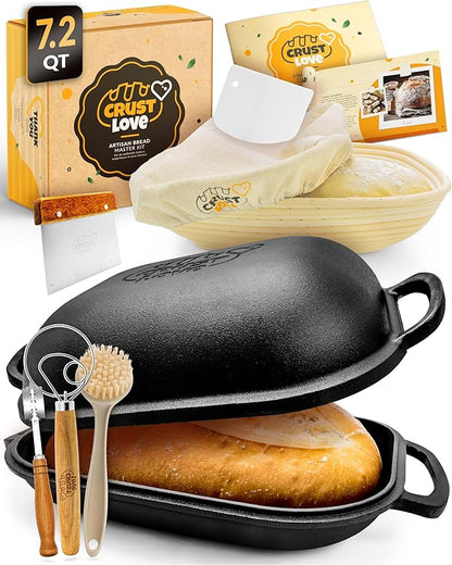 CRUSTLOVE Cast Iron Bread-Pan with Lid - incl. Sourdough Bread Baking Supplies - like Banneton Bread-Proofing Basket - 7.2QT Bread-Oven Dutch, Oven for Bread-Baking Cast Iron Pan Scoring Tool Lame Kit by CRUSTLOVE