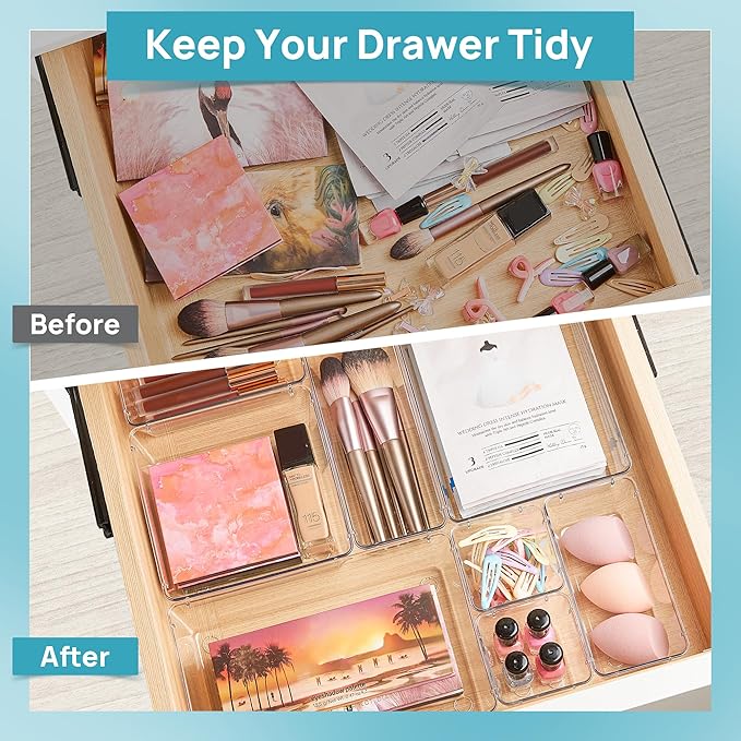 Vtopmart 25 PCS Clear Plastic Drawer Organizers Set, 4-Size Versatile Bathroom and Vanity Drawer Organizer Trays, Storage Bins for Makeup, Bedroom, Kitchen Gadgets Utensils and Office - Image 2