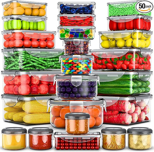 RockBerry 50 Pcs Large Food Storage Containers with Lids Airtight-85 OZ to small Containers-Total 526OZ Stackable Kitchen Set -BPA Free Leak proof containers- Freezer Microwave safe by RockBerry