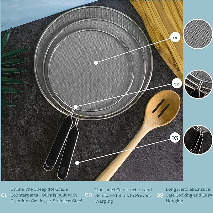 Grease Splatter Screen For Frying Pan Cooking - Stainless Steel Splatter Guard Set of 3-8", 10" and 11" inch - Fine Mesh Iron Skillet Lid- Hot Oil Shield to Stop Prime Burn (3, 8",10",11") - Image 2