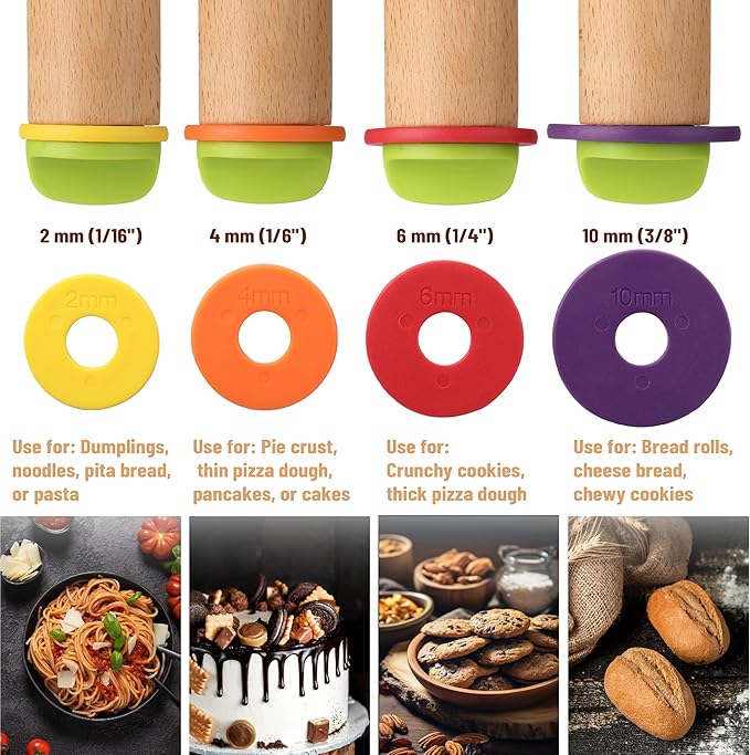 BAMBOO LAND- Adjustable Rolling Pin with Thickness Rings for Baking, 13.8", 4 Colorful Thickness Rings (2-10 mm or 1/16"-3/8"), Wood Rolling Pins for Baking, Bread, Pizza Doughs - Image 3