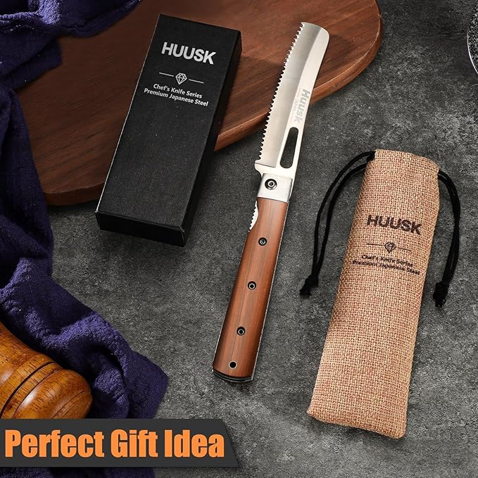 HUUSK Folding Bread Knife for Homemade Bread, Portable Bread Knives with Wide Wavy Edge for Steak, Tomato, Japanese Pocket Knife with 440C Stainless Steel for Cooking, Christmas Gift for Men and Women