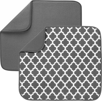 S&T INC. Dish Drying Mat 2 Pack, 16” x 18”, Absorbent Microfiber Kitchen Counter Mat, Dish Drying Pad for Dishes, Utensils, Pots and Pans, Large, Grey and Grey Trellis by STINC