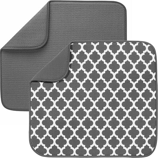 S&T INC. Dish Drying Mat 2 Pack, 16” x 18”, Absorbent Microfiber Kitchen Counter Mat, Dish Drying Pad for Dishes, Utensils, Pots and Pans, Large, Grey and Grey Trellis by STINC