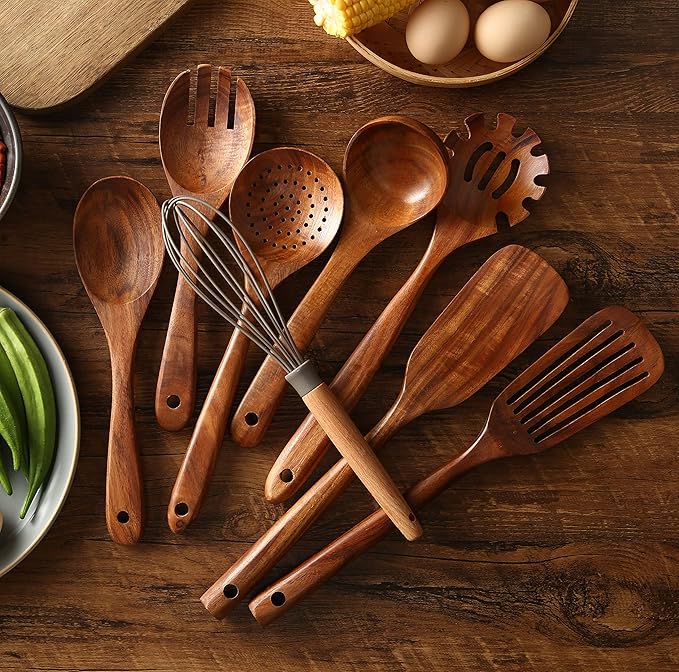 Wooden Kitchen Utensils Set with Holder, NAYAHOSE 9 Pcs Teak Wood Spoons for Cooking Spatula Set with Stainless Steel Storage Barrel