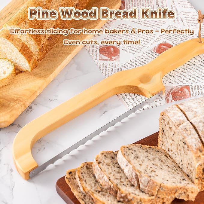 Bread Knife for Homemade Bread, 14.5" Wooden Sourdough Bread Knife, Sourdough Bread Slicer, Bow Design, Easy to Cut Into Uniform Thin Slices, Bread Saw for Cutting Sourdough Bread, Bagel, Baguette Etc