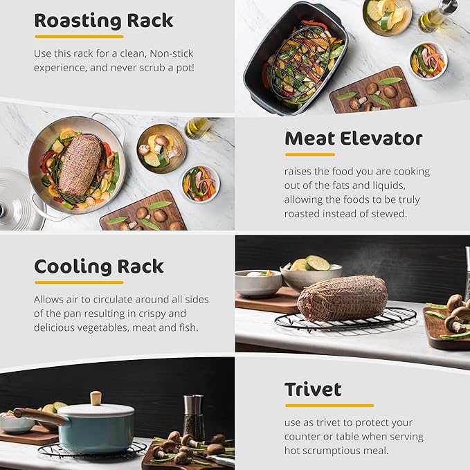 Black, Oval Oven Roasting Rack with Integrated Feet | Ideal for Cooking, Baking, Roasting, Cooling and Grilling | Non-Stick Coating, PTFE Free | Oven and Dishwasher Safe Rack (6 x 9")