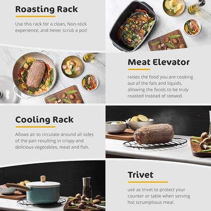 Black, Oval Oven Roasting Rack with Integrated Feet | Ideal for Cooking, Baking, Roasting, Cooling and Grilling | Non-Stick Coating, PTFE Free | Oven and Dishwasher Safe Rack (6 x 9")