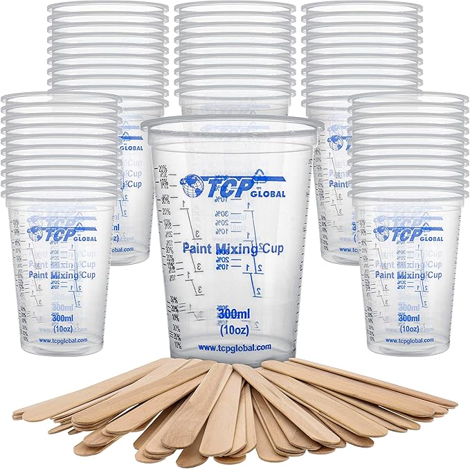 TCP Global 10 oz. (300ml) Graduated Plastic Mixing Cups - Box of 50 with 50 Mixing Sticks - Disposable Plastic Measuring Cups for Liquids, Paints, Resin, Epoxy, Art, Kitchen - Ratios 2-1, 3-1, 4-1 ML by TCPGlobal