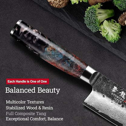Japanese Santoku Knife 7 Inch, Hand Forged 67 Layers Damascus VG10 Steel Core Chef Knife for Home ＆ Professional Chefs, Kitchen Knives with Leather Sheath and Luxury Gift Box, Ideal Cooking Gift