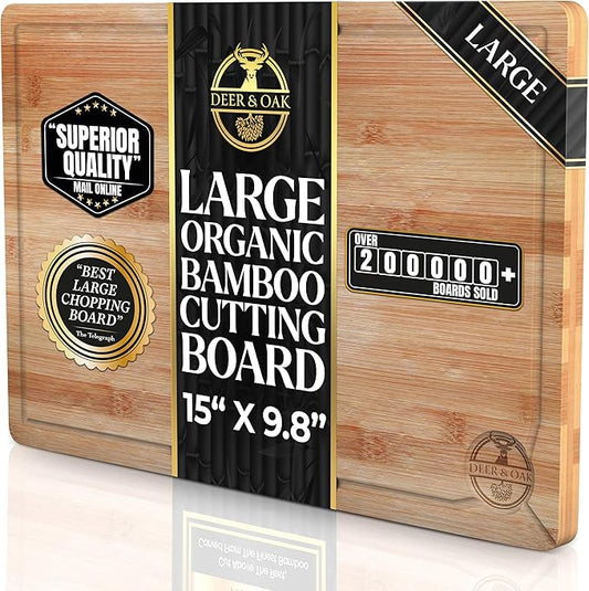 Deer & Oak Large Bamboo Chopping Board 15" x 9.8" x 0.8", Premium Wooden Kitchen Cutting Board for Meat & Vegetables, Pre-Oiled, Water Resistant, Knife-Friendly by DeerOak