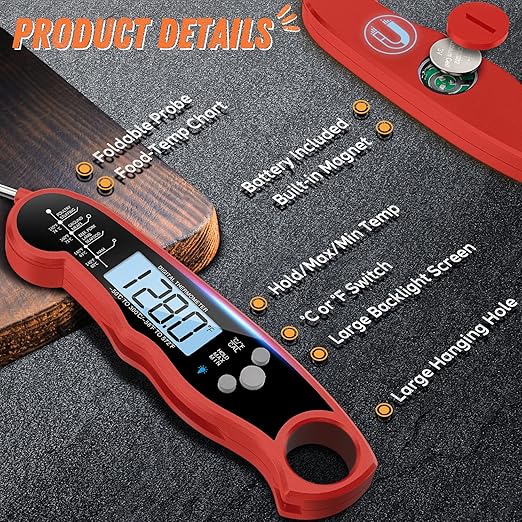 Instant Read Meat Thermometer for Grill and Cooking, Fast & Precise Digital Food Thermometer with Backlight, Magnet, Calibration, and Foldable Probe for Kitchen, Outdoor Grilling and BBQ!… - Image 6