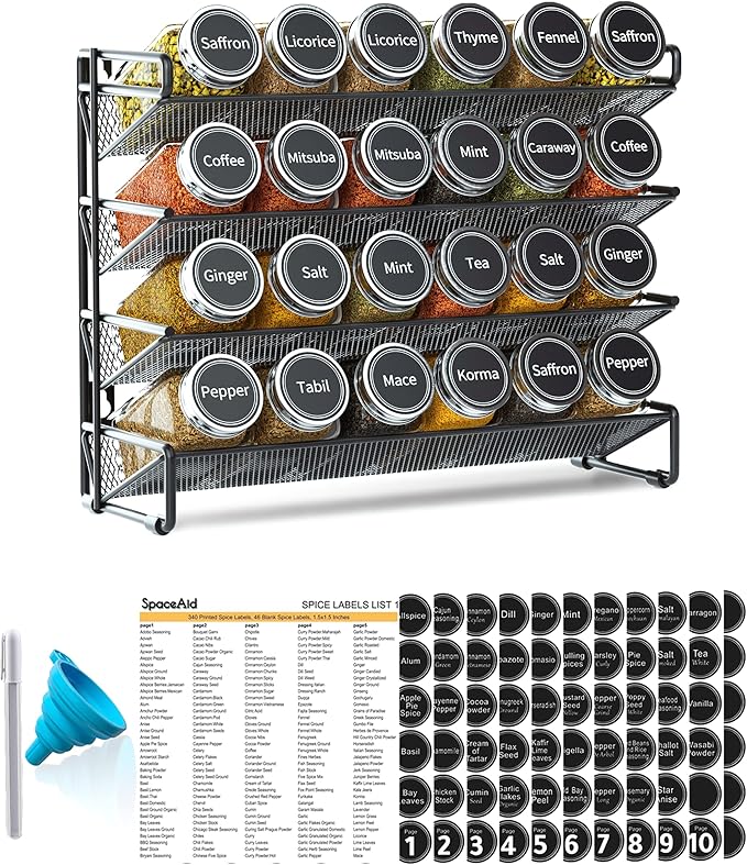 SpaceAid Spice Rack Organizer with 24 Spice Jars, 386 Spice Labels, Chalk Marker and Funnel Set for Cabinet, Countertop, Pantry, Cupboard or Door & Wall Mount -24 Jars, 11.8" W × 10.8" H, Black by SpaceAid