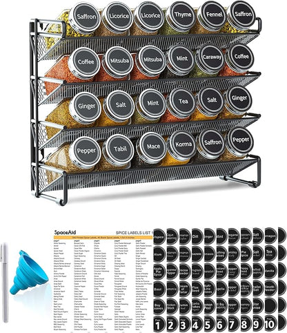 SpaceAid Spice Rack Organizer with 24 Spice Jars, 386 Spice Labels, Chalk Marker and Funnel Set for Cabinet, Countertop, Pantry, Cupboard or Door & Wall Mount -24 Jars, 11.8" W × 10.8" H, Black by SpaceAid