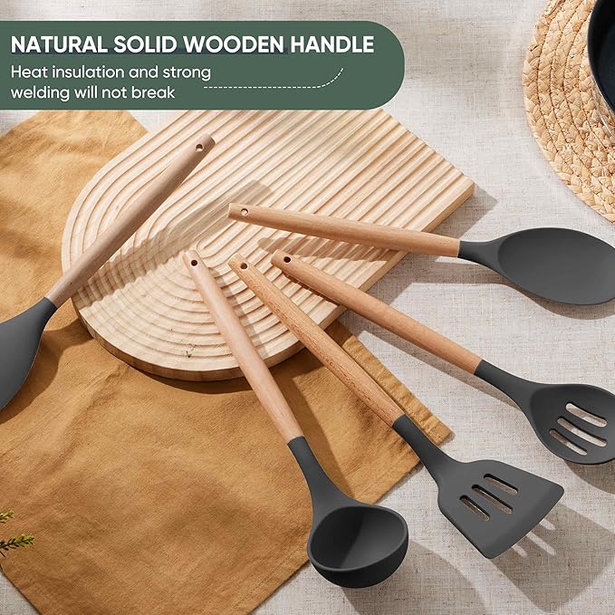 Herogo 5-Piece Cooking Utensils Set, Silicone Kitchen Utensils Set with Wooden Handle, Heat Resistant Cooking Tools Slotted Turner, Spoon, Soup Ladle, Spatula, Spoonula for Nonstick Cookware, Grey - Image 8