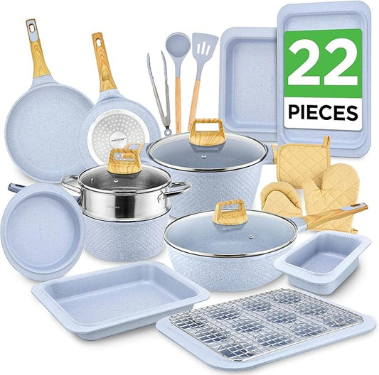Nutrichef 22-Piece Cookware and Bakeware Set | Professional Home Kitchen Collection with Multi-Sized Pots, Pans, Non stick and Heat-Resistant Tools (Moon Grey Marble) by NutriChef%E2%84%A2Kitchen