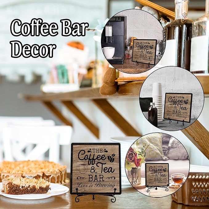 Coffee Bar Sign, Love is Brewing Farmhouse Tabletop Decor, Coffee and Tea Lover Gifts, 5x5 Wood Plaque with Iron Stand for Home Kitchen Cafe, Coffee Bar Decor – L02 - Image 3