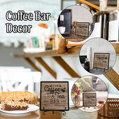 Coffee Bar Sign, Love is Brewing Farmhouse Tabletop Decor, Coffee and Tea Lover Gifts, 5x5 Wood Plaque with Iron Stand for Home Kitchen Cafe, Coffee Bar Decor – L02 - Image 3