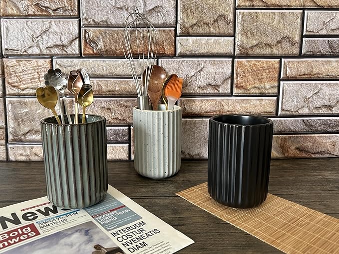 TOPYOKK Stoneware Coffee Bar Utensil Holder Tea & Coffee Spoon & Stirrer Holder for Stir Stick Straw Teaspoon Holder Spoon Cup Small Utensil Jar Fluted Vertical Stripe (Matte Black) - Image 3