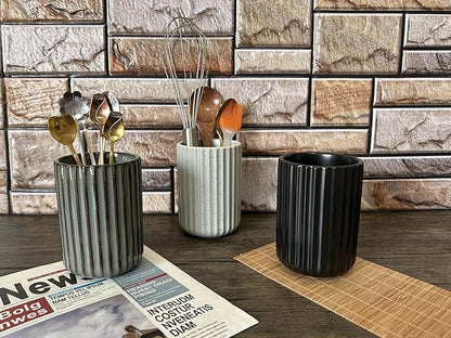 TOPYOKK Stoneware Coffee Bar Utensil Holder Tea & Coffee Spoon & Stirrer Holder for Stir Stick Straw Teaspoon Holder Spoon Cup Small Utensil Jar Fluted Vertical Stripe (Matte Black) - Image 3