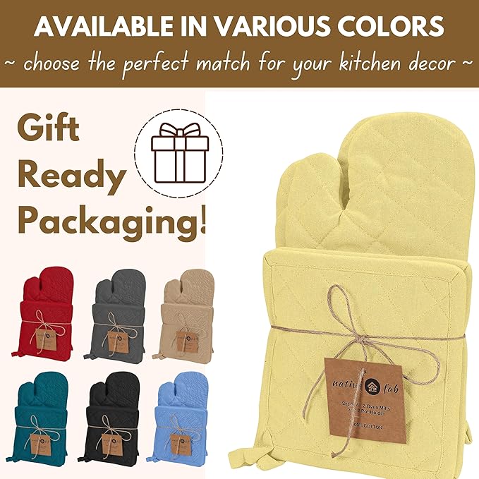 Native Fab 4 Piece Set - 2 Oven Mitts & 2 Potholders, Heat Resistant, 100% Cotton, Quilted Design, Non-Slip Grip, Machine Washable, Ideal for Baking, Cooking, BBQ, Kitchen Protection - Pale Yellow - Image 7