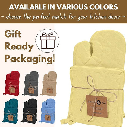 Native Fab 4 Piece Set - 2 Oven Mitts & 2 Potholders, Heat Resistant, 100% Cotton, Quilted Design, Non-Slip Grip, Machine Washable, Ideal for Baking, Cooking, BBQ, Kitchen Protection - Pale Yellow - Image 7