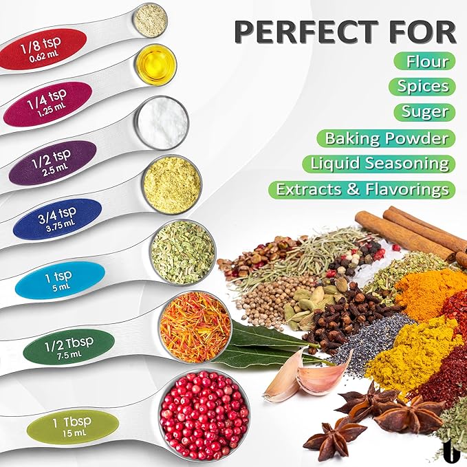 Urbanstrive Magnetic Measuring Spoons Set Stainless Steel, Dual Sided for Liquid Dry Food, Measuring Cups Spoons Set Fits in Spice Jar, Kitchen Gadgets, Cooking Utensils Set, Including Leveler, 8Color - Image 6