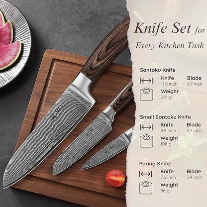 Wakoli EDIB 3-Piece Damascus Kitchen Knife Set in Wooden Gift Box, Razor Sharp Genuine Damascus Steel (VG10 Core), Includes Santoku, Small Santoku and Paring Knife, Ergonomic Pakkawood Handle