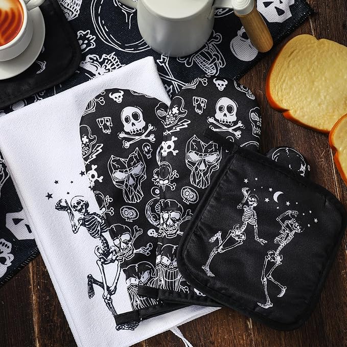 Leinuosen 6 Pcs Skull Kitchen Decor Set Kitchen Towels Gothic Oven Mitts and Pot Holders Skeleton Hand Dish Towels Horror Oven Mitts for Home Decoration Party Gifts (Classic Color,Skull) - Image 7