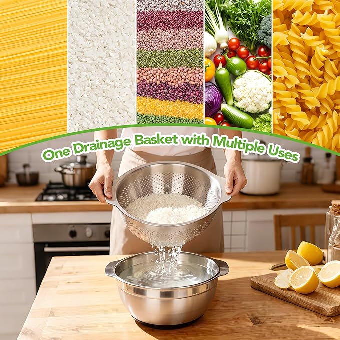304 Stainless Steel Colander, 5 QT Large Capacity and 5QT Mixing Bowl, 2mm Micropore Strainer for Washing Rice, Fruit, and Veggies, Perfect Draining for Cooked Pasta - Image 4