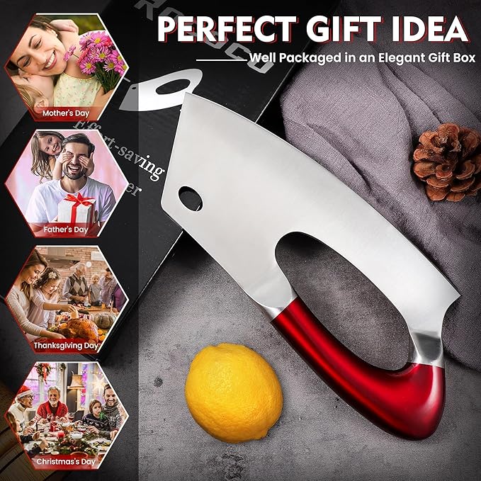 ROCOCO Easy Handle Meat Cleaver - Effort Saving Chef Knife Unique Professional for Kitchen Cutting Meat Vegetable Birthday Gift Red Stainless Steel