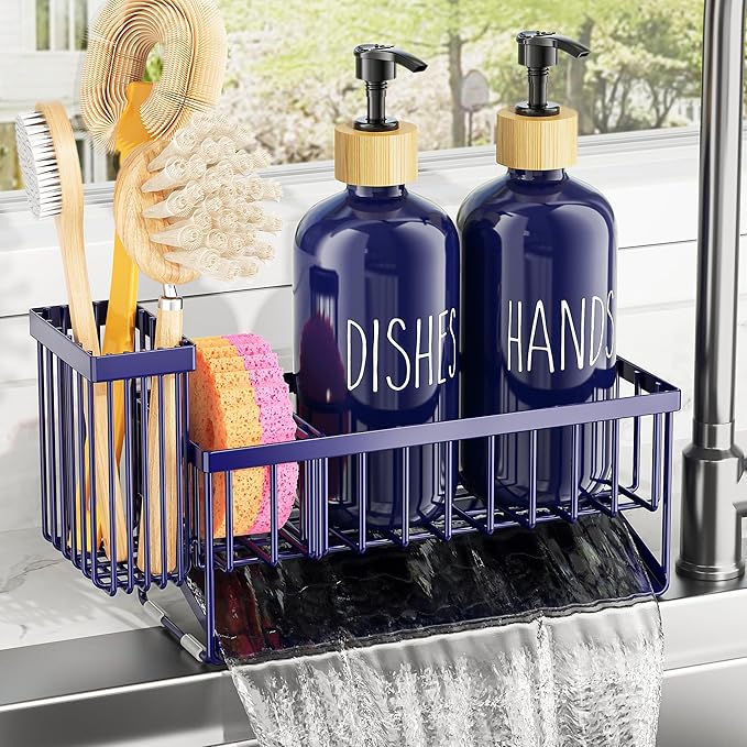 Cisily Navy Blue Kitchen Dish Soap Dispenser, 16 fl Oz Dual Kitchen Soap Dispensers with Sponge Holder, Customized Stainless Steel Kitchen Soap Dispenser Set, Modern Hand and Dish Soap Bottle Set - Image 3