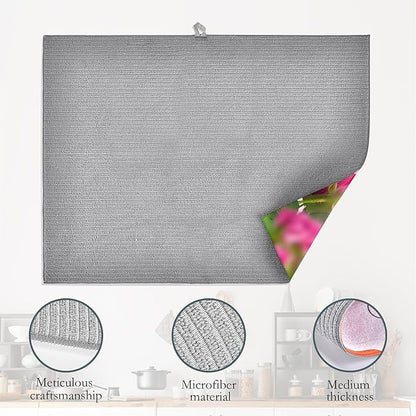 Pink Roses Flowers Dish Drying Mat for Kitchen Counter Decor,Butterflies Dish Drying Rack Pad Absorbent Reversible Microfiber for Coffee Tableware Sink Countertop 18x24 Inch