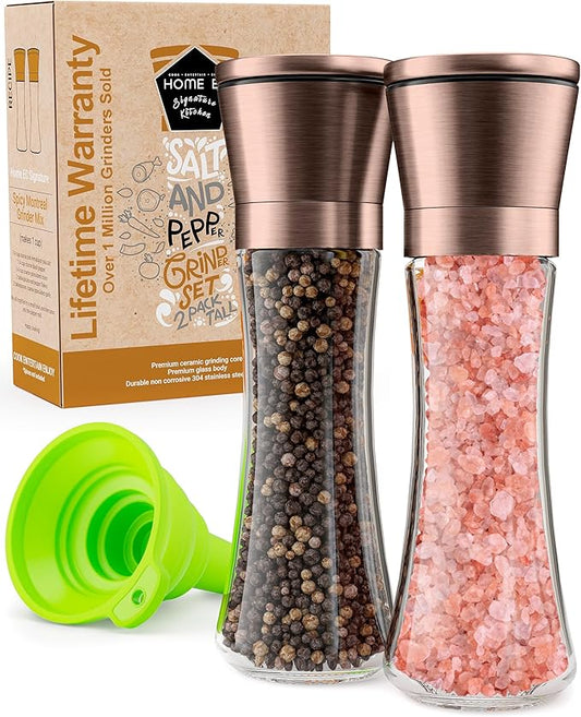 Home EC Original Copper Salt and Pepper Grinder Set of 2 - Adjustable Ceramic Grinder - Tall Glass Salt and Pepper Shakers With Funnel and Ebook - Kitchen Spice Mill - Copper Kitchen Accessories by HOMEEC