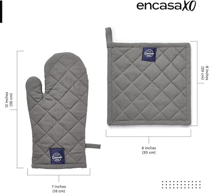 Encasa XO Heat Resistant 100% Cotton Oven Glove & Potholder Set with Loop, Kitchen Cooking Mittens, Microwave Safe Hot Pads (Grey)