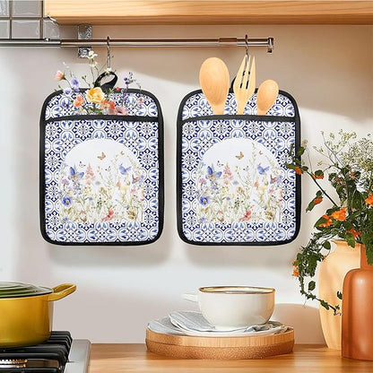 Colorful Wildflowers Floral Oven Mitts Set, Blue and White Heat Resistant Kitchen Oven Gloves for Baking and Cooking,Pot Holders - Image 3