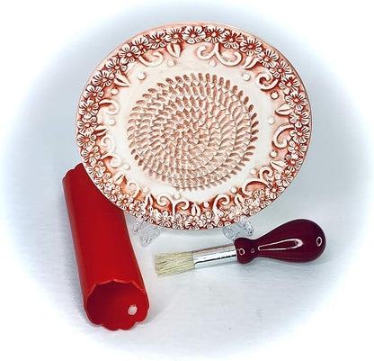 BonCera, All-in-one Premium Ceramic Garlic Grater Plate 4-Piece Set - Red Embossed Design and Style - For Garlic, Ginger, Chocolate, and more! - Comes with 5.25" Plate, Peeler, Brush, and Stand