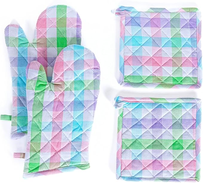 Native Fab 4 Piece Set - Gingham Check 2 Oven Mitts & 2 Potholders, Heat Resistant, 100% Cotton, Quilted Design, Non-Slip Grip, Ideal for Baking, Cooking, BBQ, Kitchen Protection, Multicolor by NativeFab