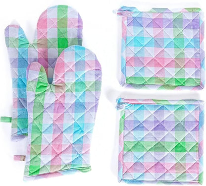 Native Fab 4 Piece Set - Gingham Check 2 Oven Mitts & 2 Potholders, Heat Resistant, 100% Cotton, Quilted Design, Non-Slip Grip, Ideal for Baking, Cooking, BBQ, Kitchen Protection, Multicolor by NativeFab