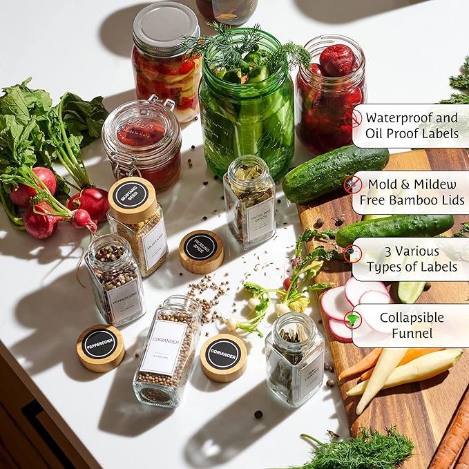 Glass Spice Jars with Label Set, Bamboo Lids & Funnel - Kitchen Airtight Storage Jars with Lids - Spices and Seasonings Sets Organizer, Spice Glass Jar with Lid Food Canister Bottle Sugar Shaker - Image 3